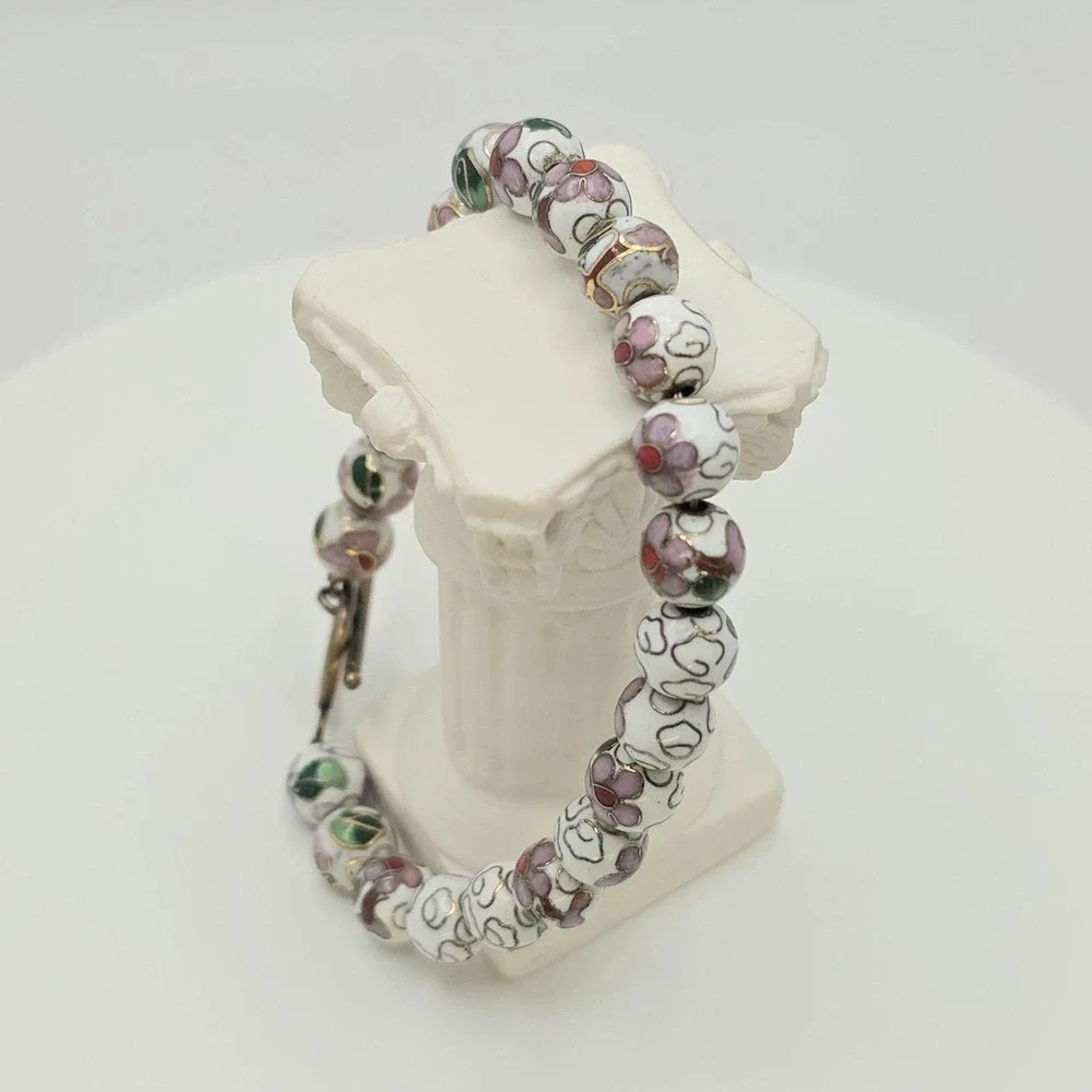 Vtg Authentic Chinese Cloisonné Bracelet Bead White Green‎ Enamel Floral 8